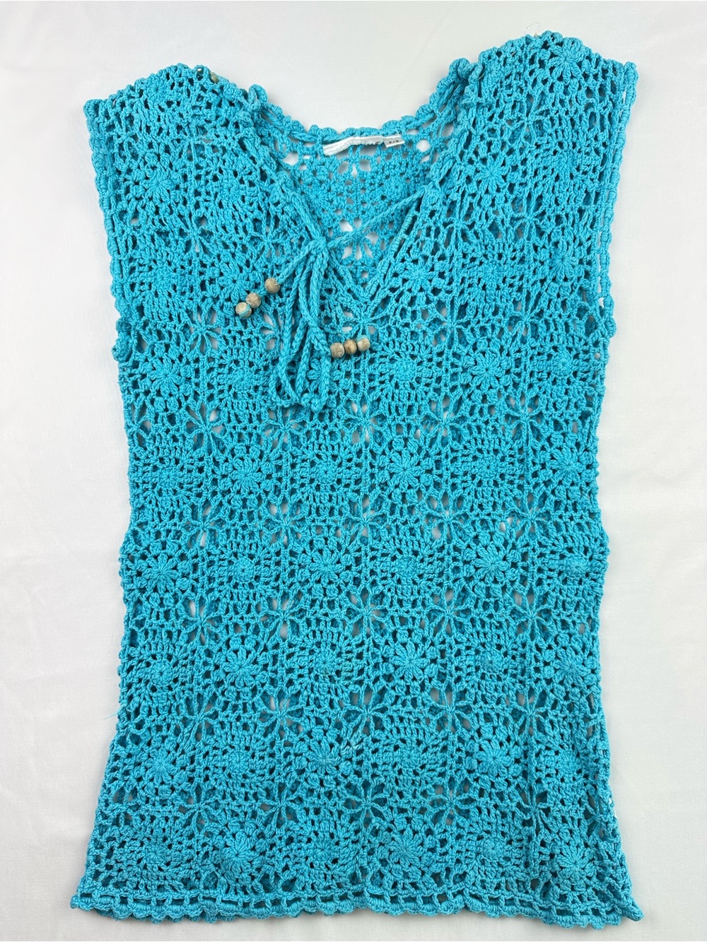 Boho Crochet Tank Top Knit Festival Beach Coverup Turquoise Beach Y2K Vtg Sz S